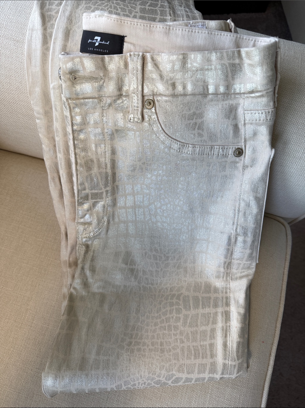7 For Mankind Jeans Metallic Cream Croc-Effect Skinny Jeans